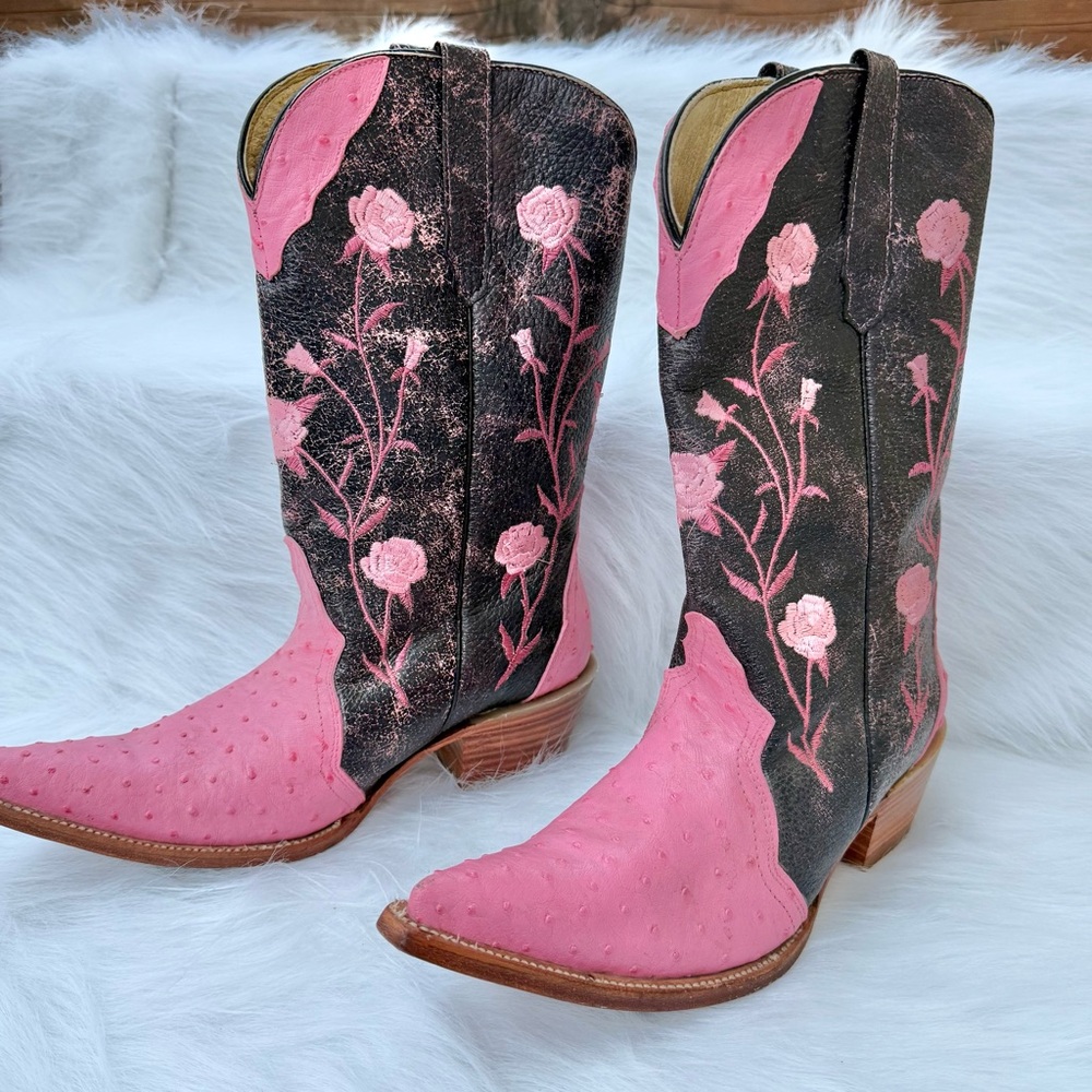 White Diamond Ostrich Pink Floral Western Boots Size 9.5 Runs small, fits 8.5/9 - Picture 6 of 11